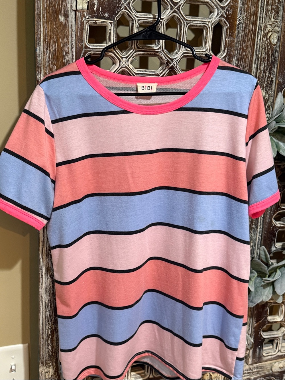 BiBi Pink, Light Blue & Coral Striped Short Sleeve Tee